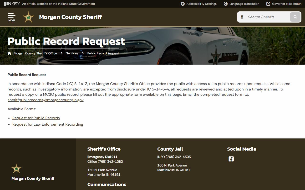 Morgan County sheriff public records request page for jail records